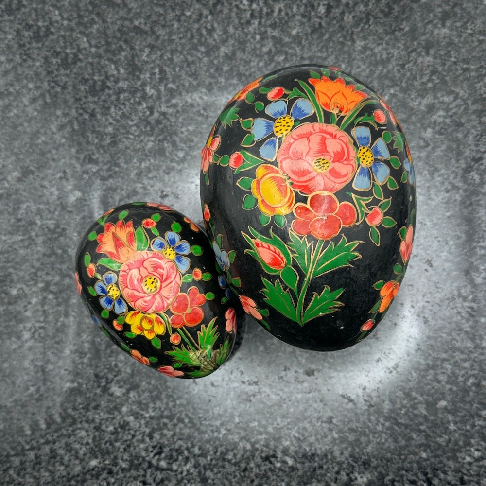 Vintage Pair Hand Painted Folk Art Egg Trinket Boxes Floral Made in India Black